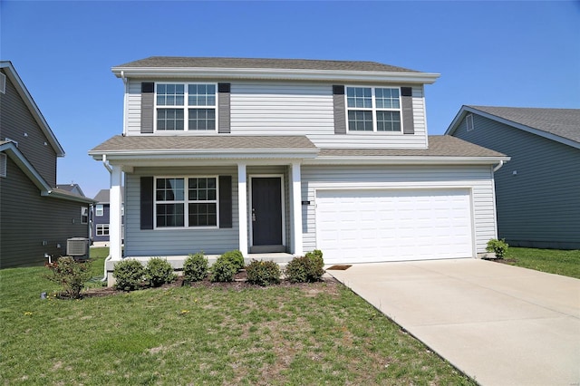 traditional-style home featuring central AC, concrete driveway, covered porch, a front yard, and a garage