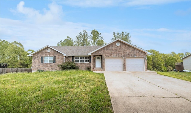 single story home featuring fence, brick siding, a garage, a front yard, and concrete driveway