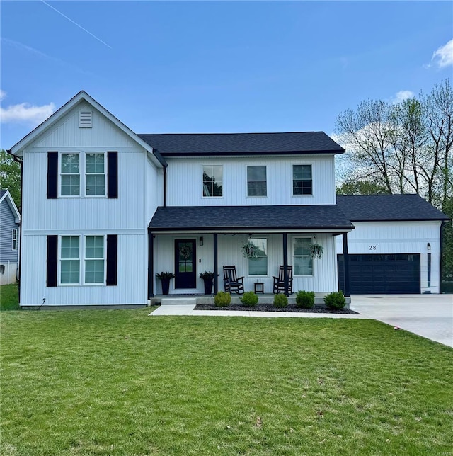 modern farmhouse style home with a porch, a front lawn, concrete driveway, and an attached garage