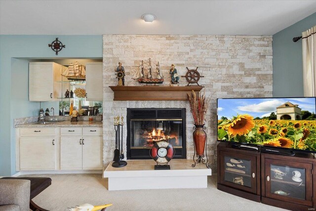 living room with a fireplace