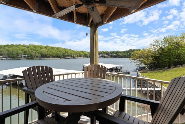 wooden deck featuring a ceiling fan and a water view