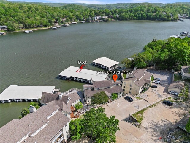 bird's eye view with a water view and a forest view