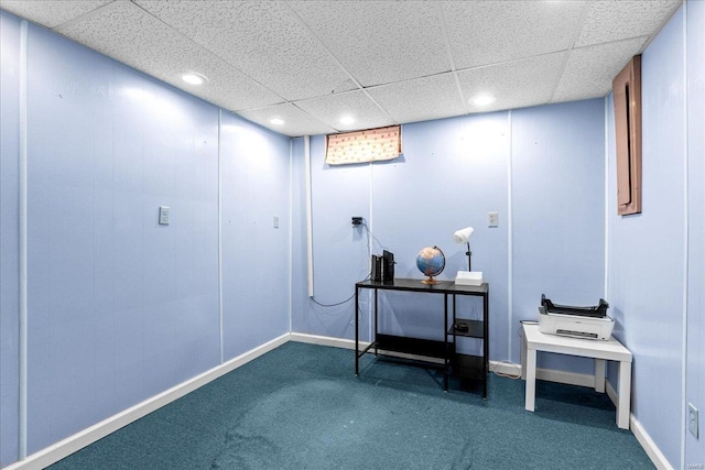 misc room with dark colored carpet, recessed lighting, and a drop ceiling