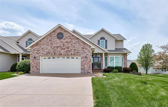 view of front of property featuring brick siding, roof with shingles, a front yard, concrete driveway, and an attached garage