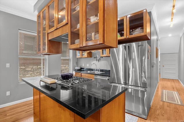 kitchen featuring brown cabinets, a sink, baseboards, light wood-style floors, and stainless steel appliances