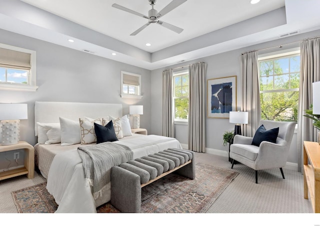 bedroom with carpet flooring, baseboards, a raised ceiling, and visible vents