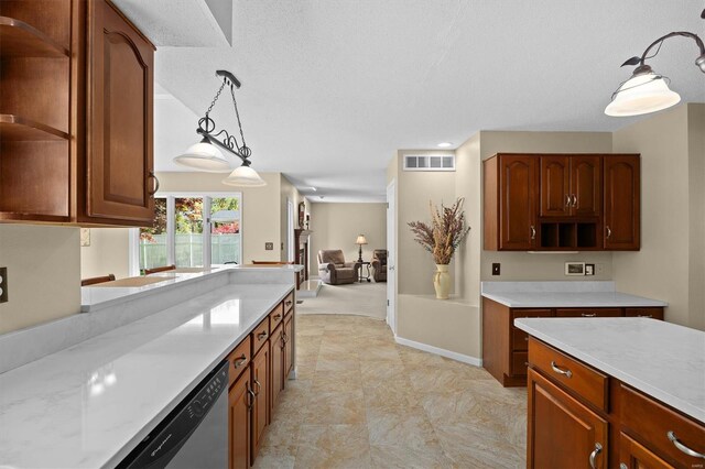 kitchen with open shelves, light countertops, dishwasher, visible vents, and hanging light fixtures