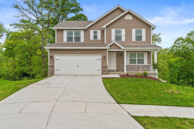 craftsman-style house with an attached garage, covered porch, stone siding, concrete driveway, and a front lawn