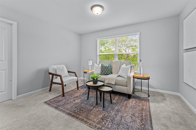 living area with baseboards and carpet flooring