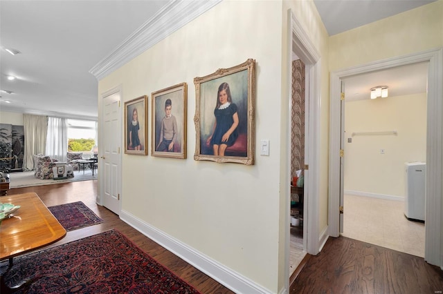 hall featuring crown molding, baseboards, and dark wood finished floors