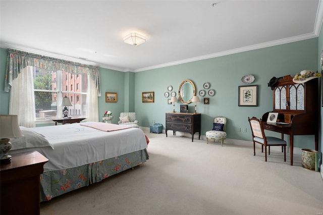 carpeted bedroom featuring baseboards and ornamental molding