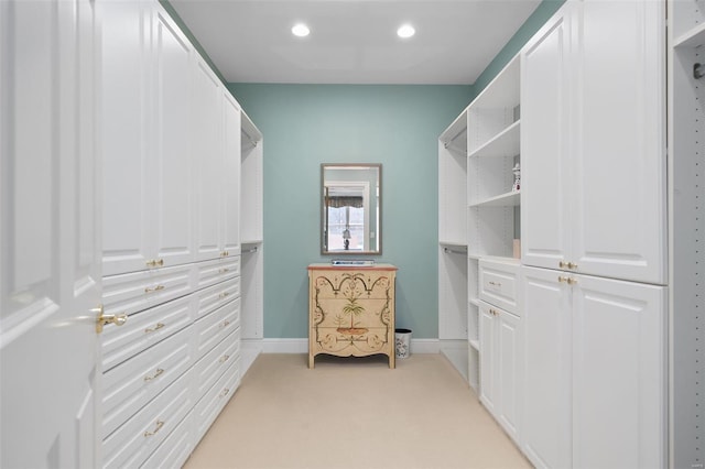 spacious closet featuring light colored carpet
