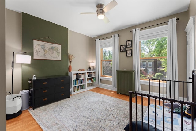 interior space featuring a ceiling fan and wood finished floors