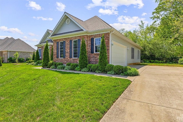 view of front of house with concrete driveway, brick siding, a front lawn, and a garage