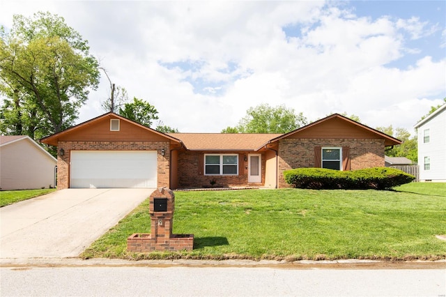 ranch-style house with concrete driveway, brick siding, an attached garage, and a front yard