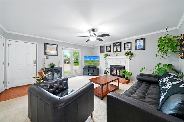 living area featuring crown molding, baseboards, ceiling fan, and a glass covered fireplace