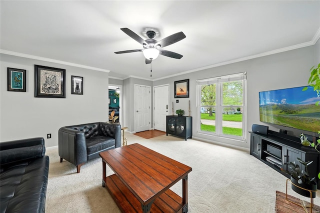 carpeted living area featuring crown molding, baseboards, and ceiling fan
