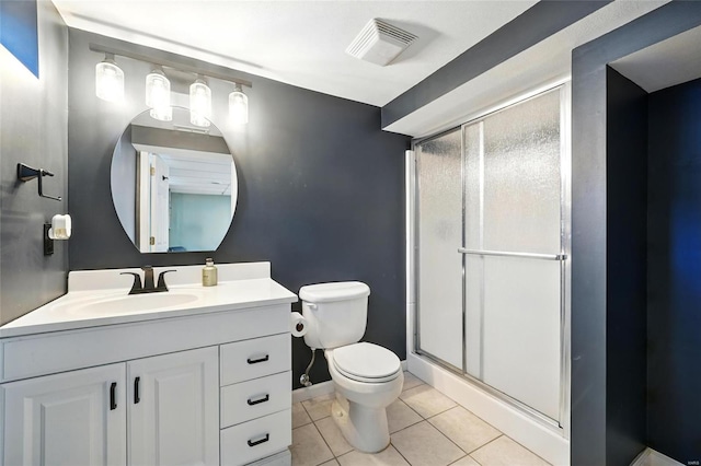 bathroom featuring toilet, a stall shower, visible vents, tile patterned flooring, and vanity