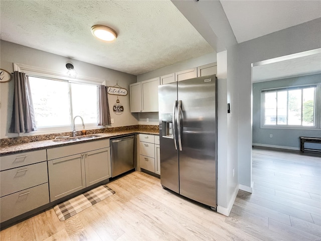 kitchen featuring a textured ceiling, a sink, light wood-style floors, gray cabinets, and appliances with stainless steel finishes