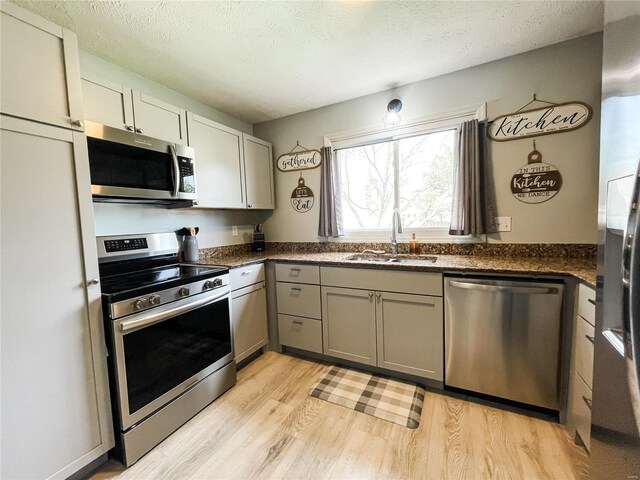 kitchen featuring stainless steel appliances, a sink, gray cabinetry, light wood-style flooring, and a textured ceiling