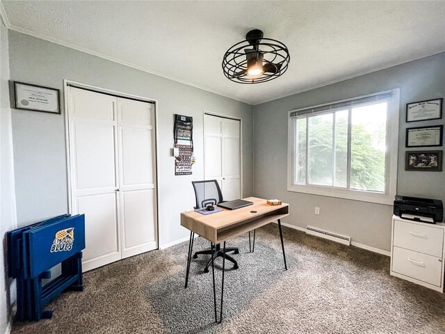 office featuring baseboard heating, baseboards, ornamental molding, and dark colored carpet