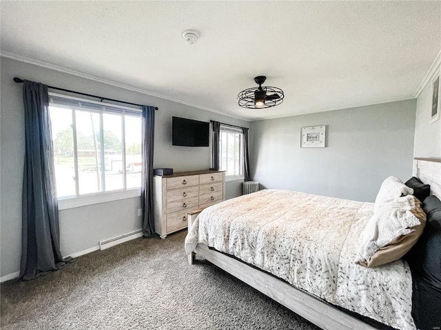 bedroom with radiator heating unit, carpet, ornamental molding, baseboards, and a baseboard radiator