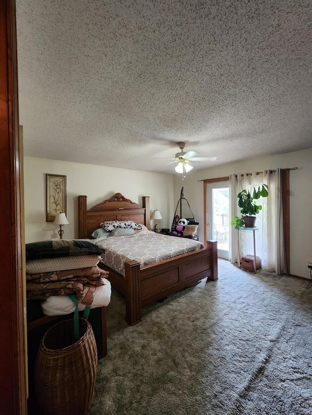 bedroom featuring a textured ceiling, carpet, a ceiling fan, and access to outside