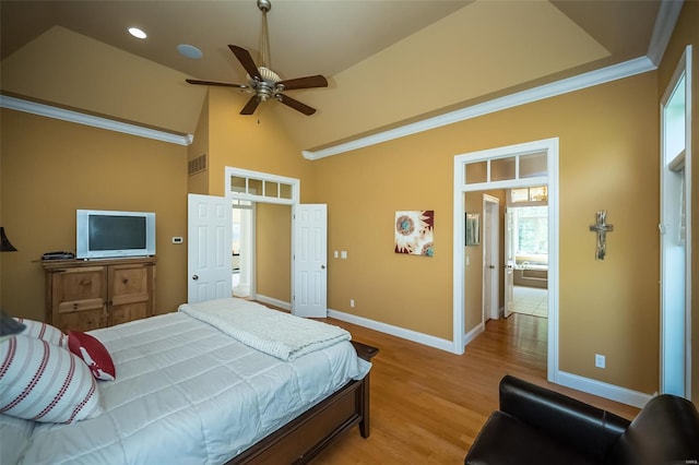 bedroom with recessed lighting, light wood-style floors, a ceiling fan, visible vents, and baseboards