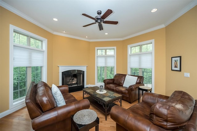 living room featuring a ceiling fan, a wealth of natural light, and light wood-type flooring