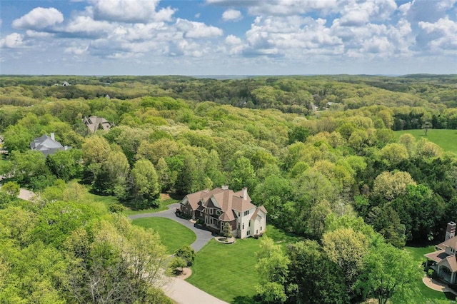 bird's eye view with a wooded view