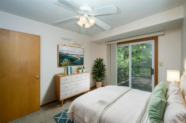 bedroom with a ceiling fan, access to exterior, and light carpet