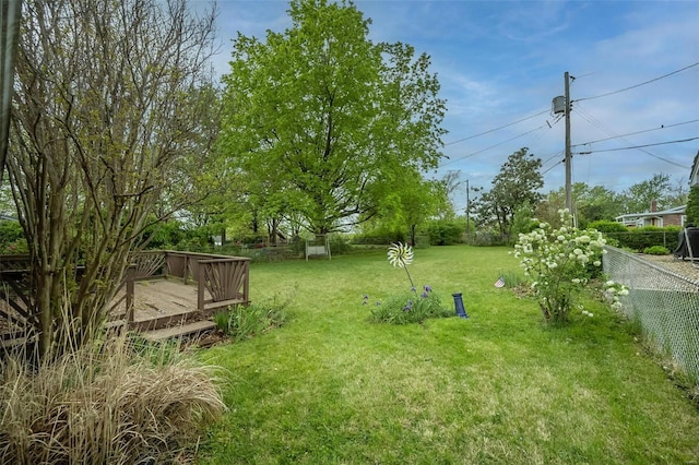 view of yard featuring fence and a deck