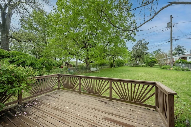 wooden terrace with a yard and a fenced backyard