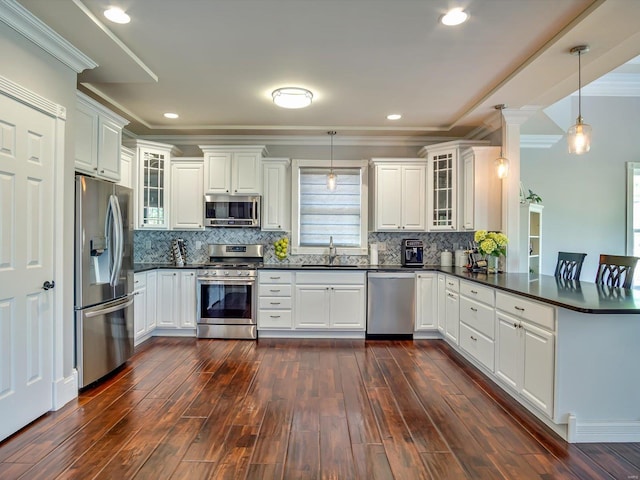 kitchen with dark countertops, stainless steel appliances, ornamental molding, dark wood finished floors, and a peninsula