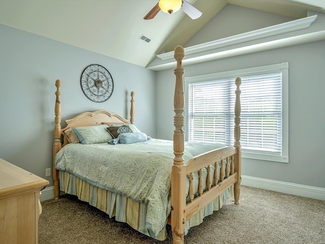 carpeted bedroom with baseboards, visible vents, a ceiling fan, and lofted ceiling