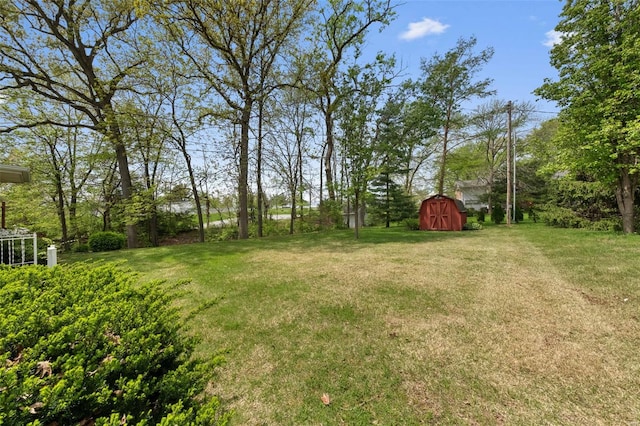 view of yard featuring an outdoor structure and a storage shed