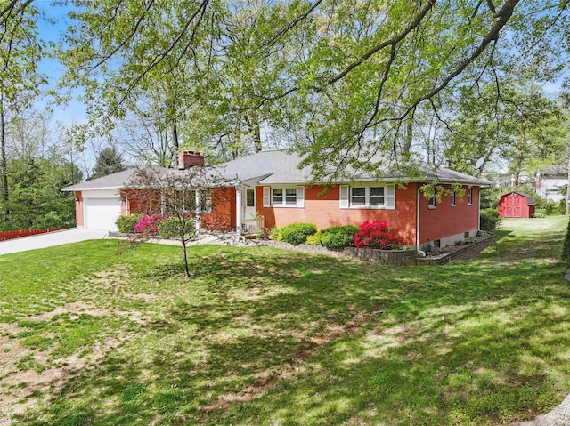 single story home featuring a front lawn, a chimney, brick siding, a storage unit, and an attached garage