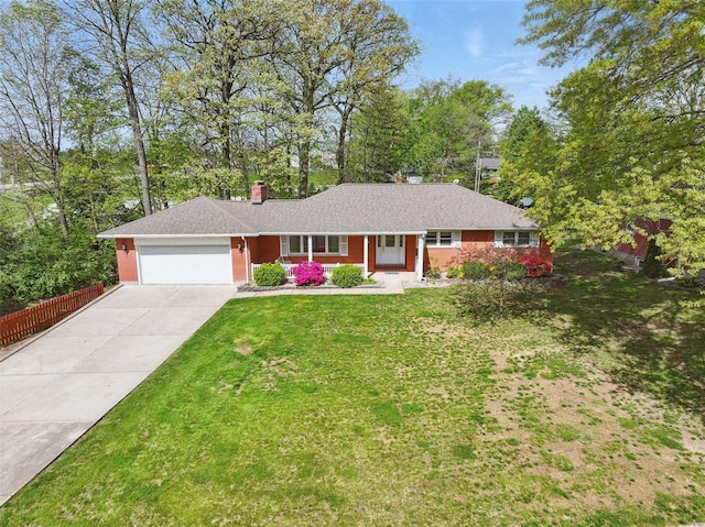 ranch-style house featuring driveway, a chimney, a front yard, fence, and a garage