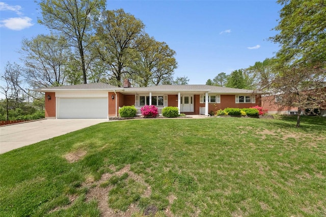 ranch-style home with covered porch, brick siding, a front lawn, concrete driveway, and an attached garage