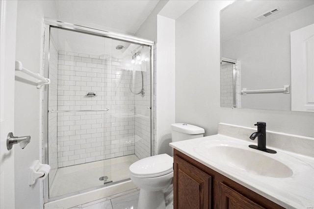 bathroom featuring a shower stall, marble finish floor, visible vents, toilet, and vanity