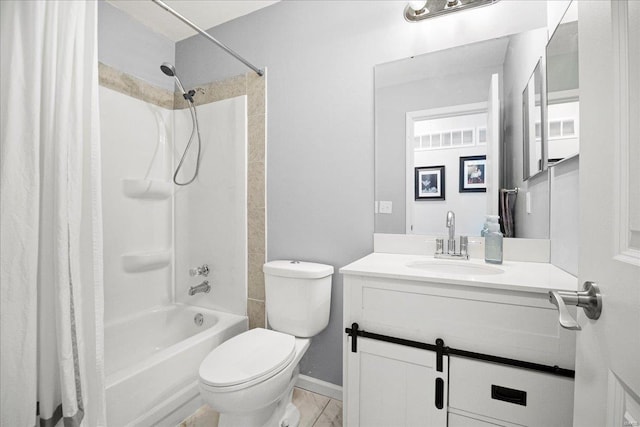 full bath featuring shower / bath combination with curtain, toilet, and vanity