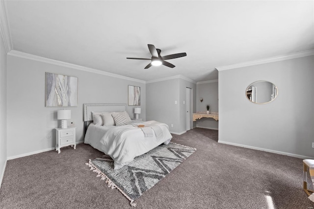bedroom with ornamental molding, carpet flooring, and baseboards