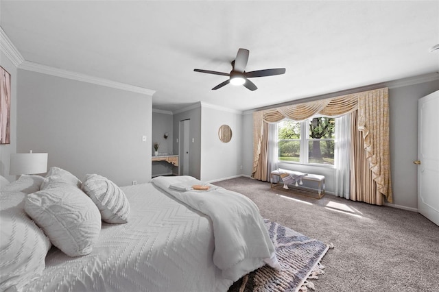 bedroom with carpet flooring, baseboards, ceiling fan, and crown molding
