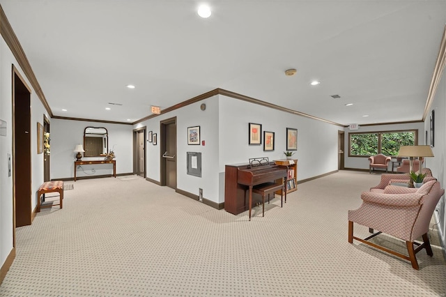 interior space featuring visible vents, crown molding, light colored carpet, baseboards, and recessed lighting