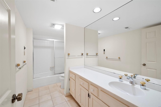 full bathroom with vanity, toilet, recessed lighting, tile patterned floors, and combined bath / shower with glass door