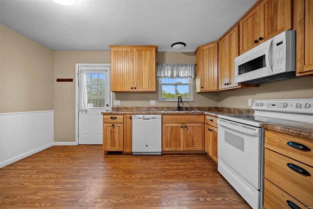kitchen with dark countertops, wainscoting, a sink, white appliances, and wood finished floors