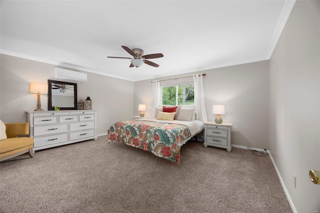 carpeted bedroom featuring crown molding, baseboards, ceiling fan, and a wall unit AC