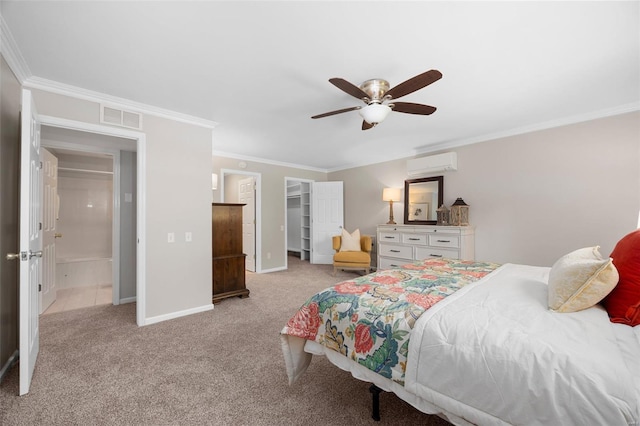 bedroom featuring visible vents, ornamental molding, baseboards, a wall mounted air conditioner, and light colored carpet