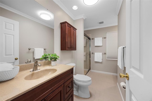full bathroom featuring crown molding, visible vents, a shower stall, and vanity
