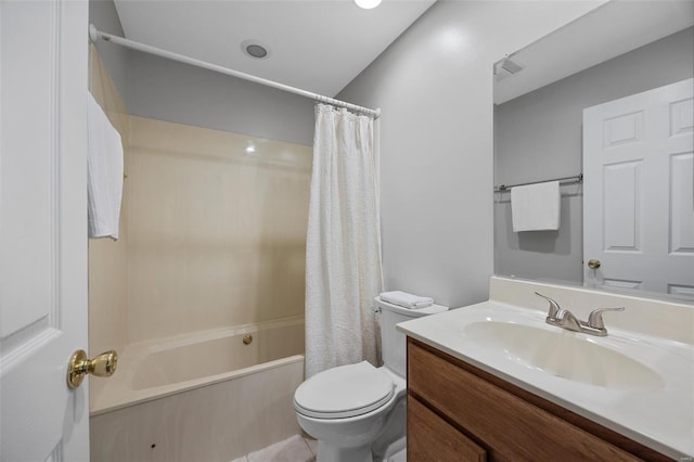 bathroom with toilet, visible vents, shower / bath combination with curtain, and vanity